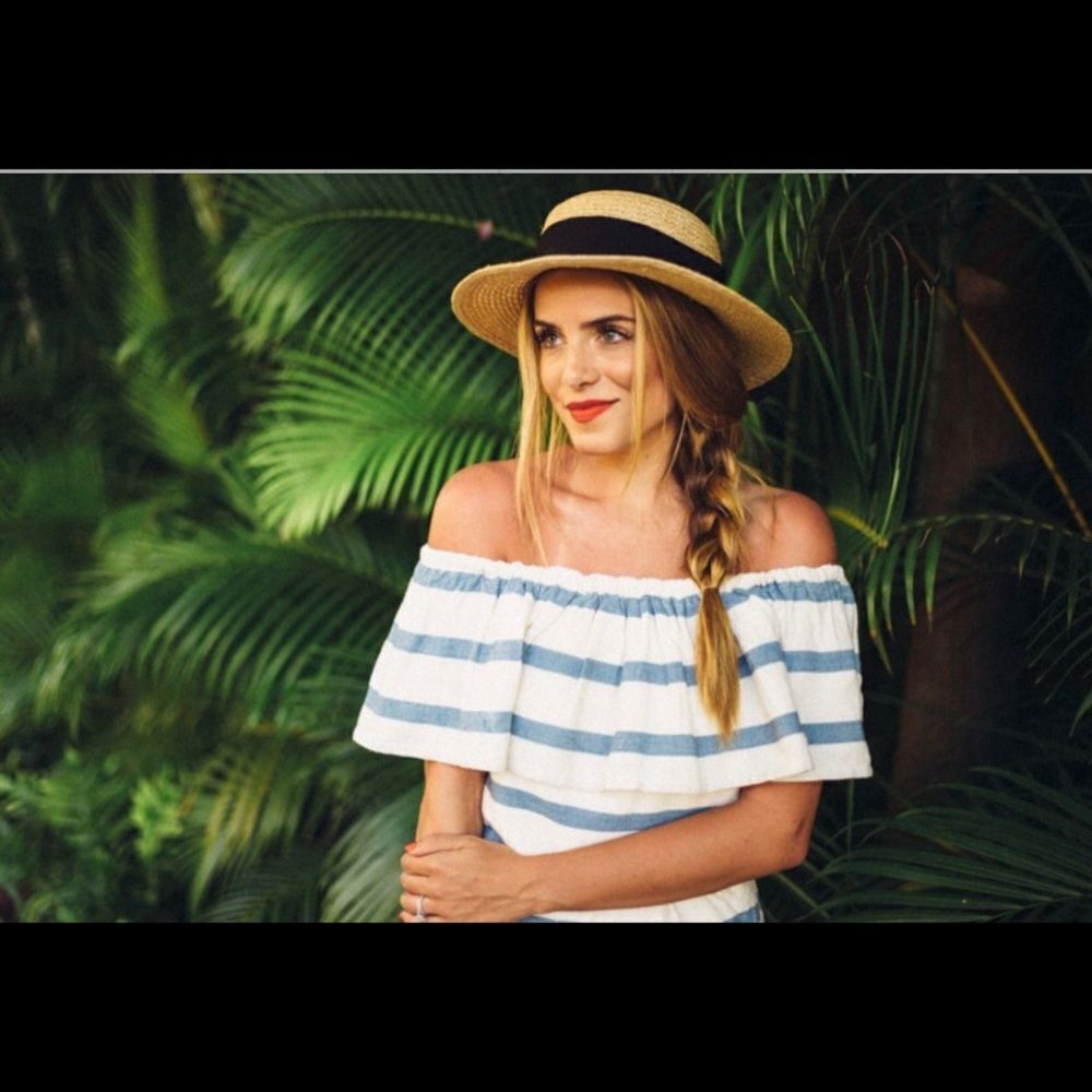 Mara Hoffman off shoulder ivory blue striped cropped top L